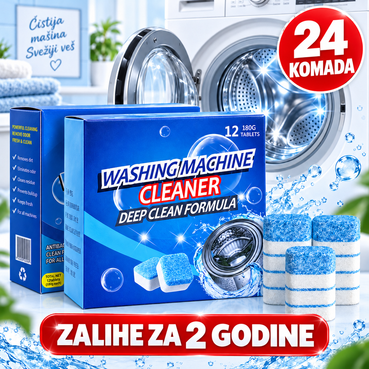 TABLETE ZA DUBINSKO ČIŠĆENJE VEŠ MAŠINE – 1+1 GRATIS / 24 KOMADA