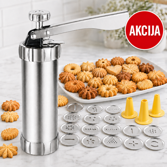 2 U 1 METALNA PRESA ZA KEKSIĆE I DEKORISANJE - 20 oblika + 3 nastavaka za šlag i filove