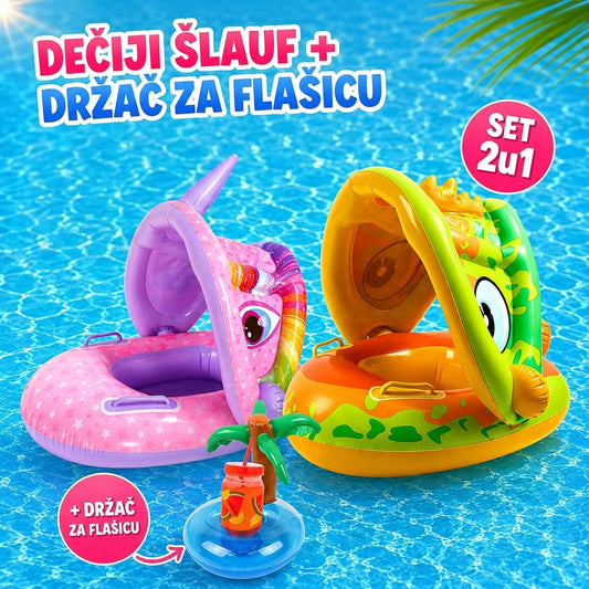 Dečiji šlauf sa krovom protiv sunca i sedištem, roze jednorog i zeleni krokodil na vodi, plus plutajući držač za flašicu